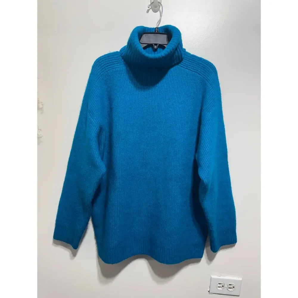 Zara Blue Soft Ribbed Knit Wool Blend Turtleneck Oversized Sweater Size S - Picture 3 of 7